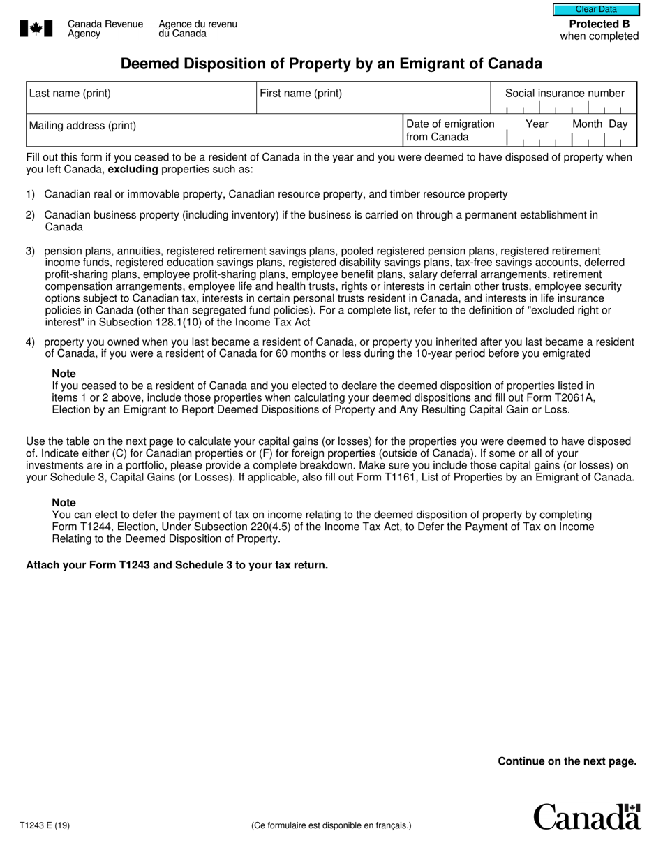 Form T1243 Deemed Disposition of Property by an Emigrant of Canada - Canada, Page 1