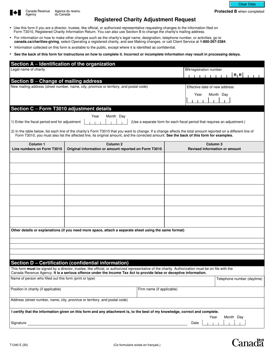 Form T1240 Registered Charity Adjustment Request - Canada, Page 1