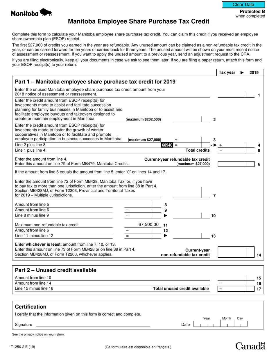 Form T1256-2 Manitoba Employee Share Purchase Tax Credit - Canada, Page 1