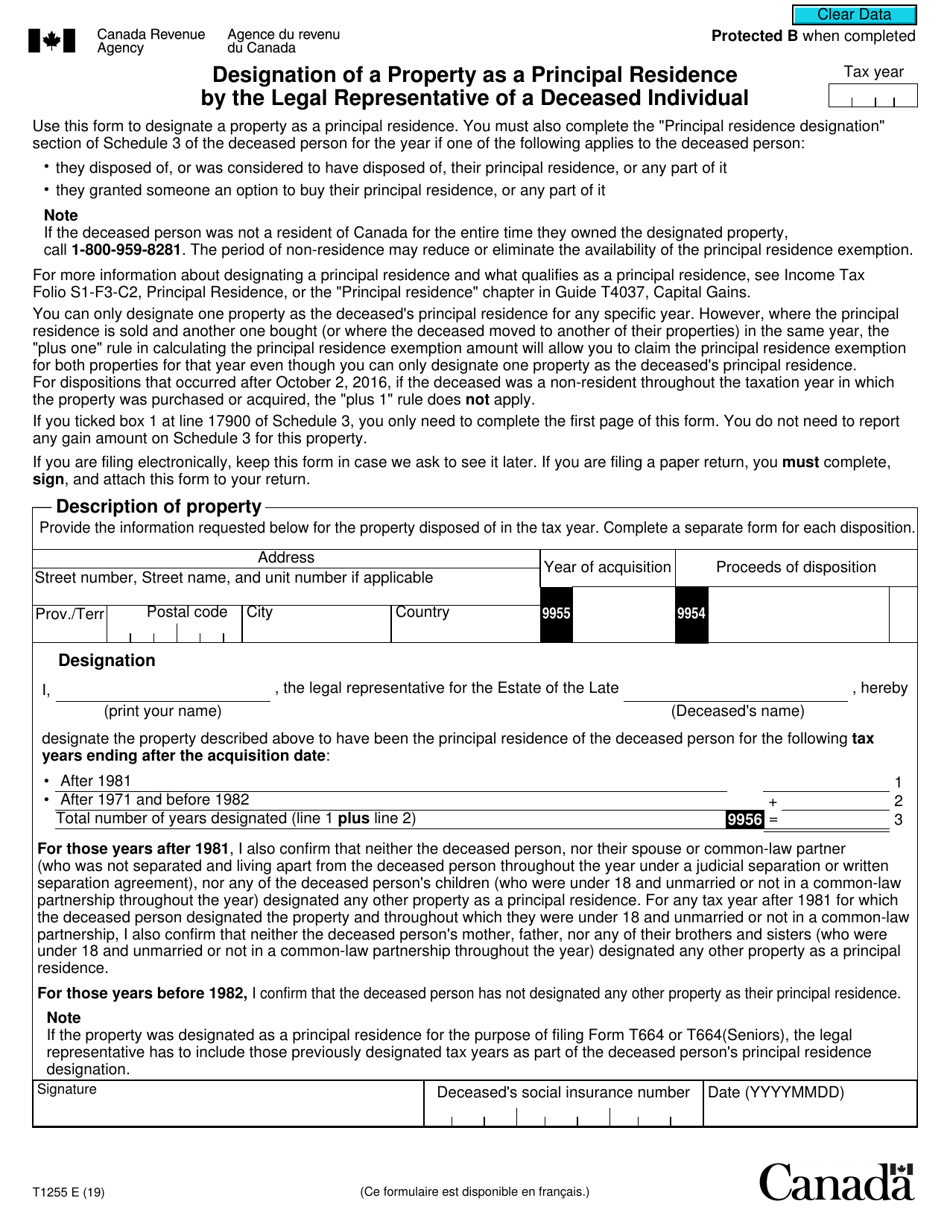 Form T1255 Designation of a Property as a Principal Residence by the Legal Representative of a Deceased Individual - Canada, Page 1