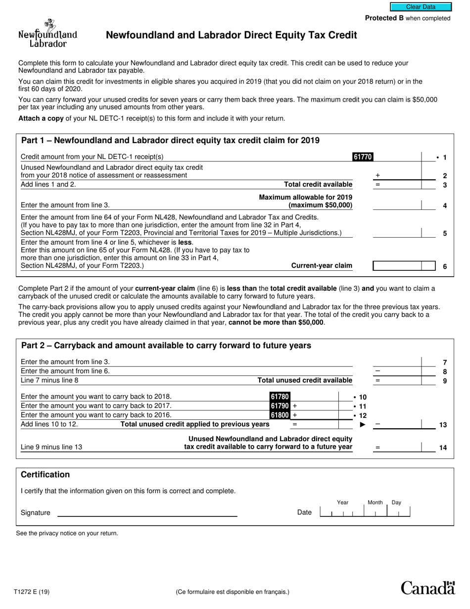 Form T1272 Newfoundland and Labrador Direct Equity Tax Credit - Canada, Page 1