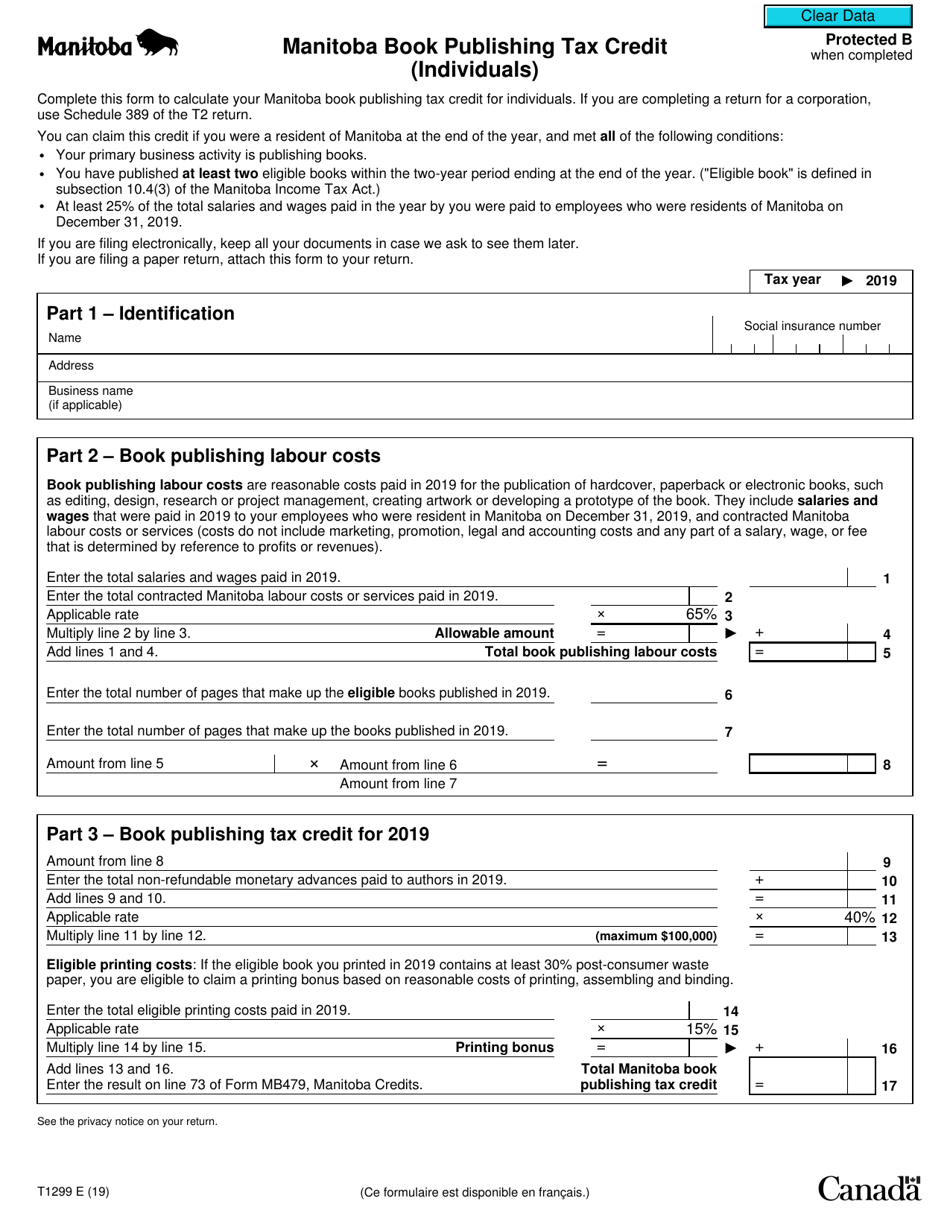 Form T1299 Manitoba Book Publishing Tax Credit (Individuals) - Canada, Page 1