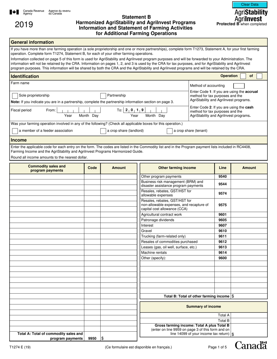 Form T1274 Statement B - Harmonized Agristability and Agriinvest Programs Information and Statement of Farming Activities for Additional Farming Operations - Canada, Page 1