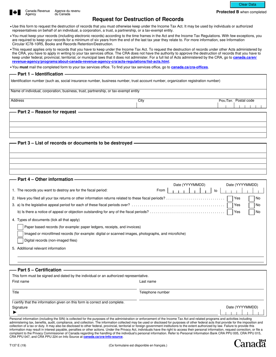 Form T137 Request for Destruction of Records - Canada, Page 1