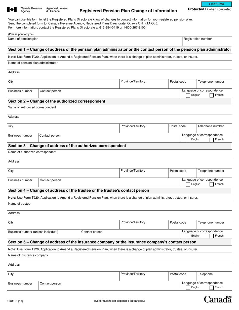 Form T2011 Registered Pension Plan Change of Information - Canada, Page 1