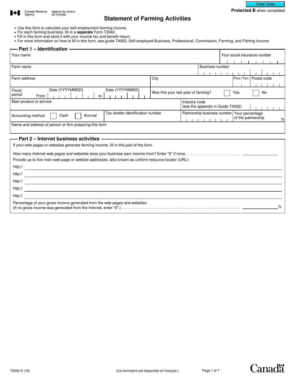 Form T2042 Statement of Farming Activities - Canada, Page 1