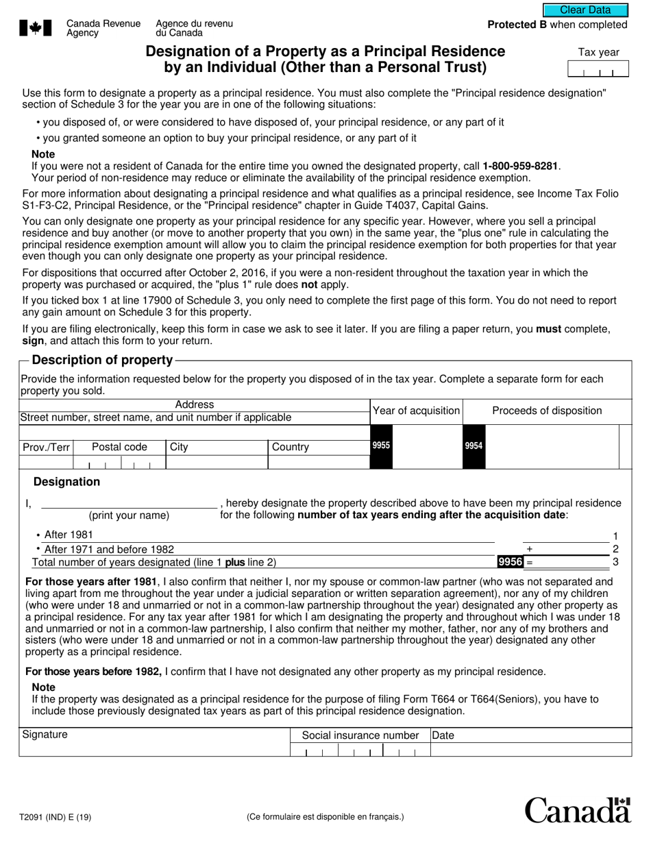 Form T2091 (IND) Designation of a Property as a Principal Residence by an Individual (Other Than a Personal Trust) - Canada, Page 1