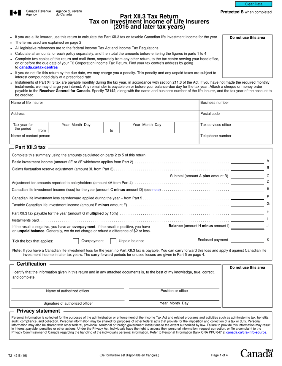Form T2142 Part XII.3 Tax Return Tax on Investment Income of Life Insurers (2016 and Later Tax Years) - Canada, Page 1