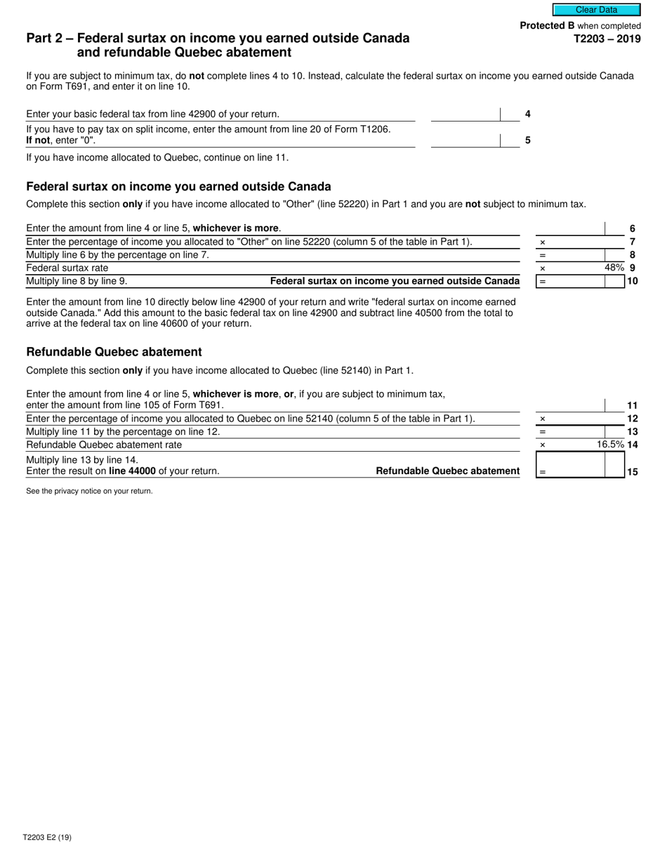 Form T2203 Part 2 Federal Surtax on Income You Earned Outside Canada and Refundable Quebec Abatement - Canada, Page 1