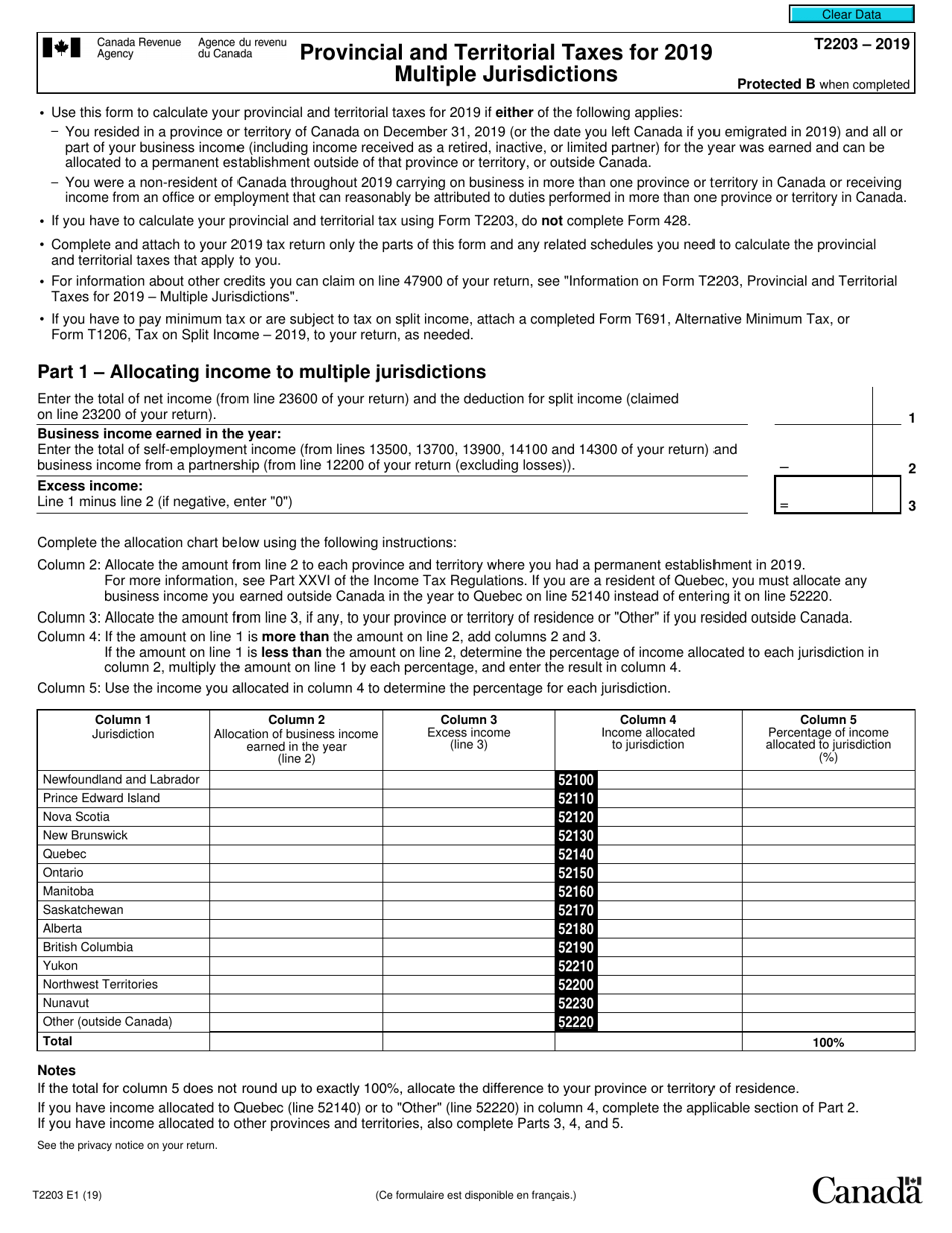Form T2203 Provincial and Territorial Taxes for Multiple Jurisdictions - Canada, Page 1