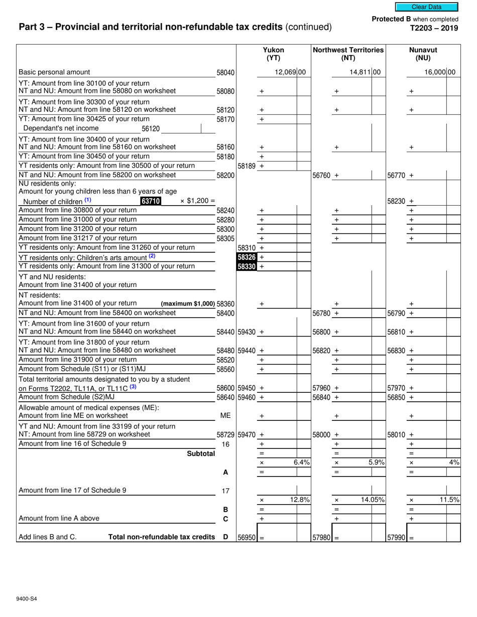 Form T2203 (9400-S4) Part 3 Provincial and Territorial Non-refundable Tax Credits (Yk, Nt, Nu) - Canada, Page 1