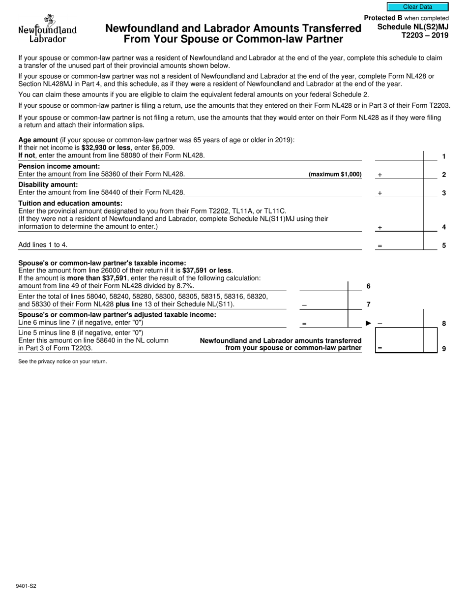 Form T2203 (9401-S2) Schedule NL(S2)MJ Newfoundland and Labrador Amounts Transferred From Your Spouse or Common-Law Partner - Canada, Page 1