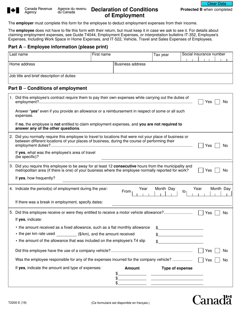 Form T2200 Download Fillable PDF or Fill Online Declaration of Conditions of Employment Canada ...