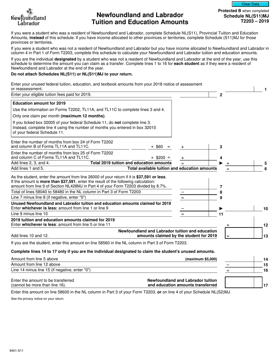 Form T2203 (9401-S11) Schedule NL(S11)MJ Newfoundland and Labrador Tuition and Education Amounts - Canada, Page 1