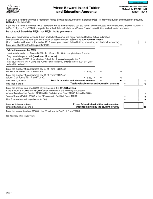 Form T2203 (9402-S11) Schedule PE(S11)MJ 2019 Printable Pdf