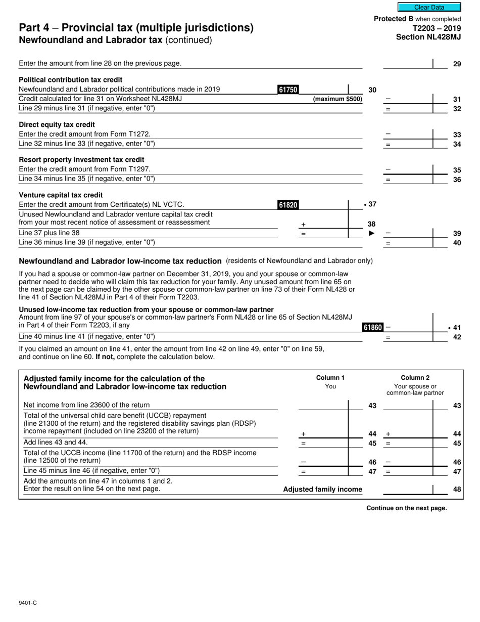 Form T2203 (9401-C) Section NL428MJ Part 4 - Provincial Tax (Multiple Jurisdictions) Newfoundland and Labrador Tax - Canada, Page 2