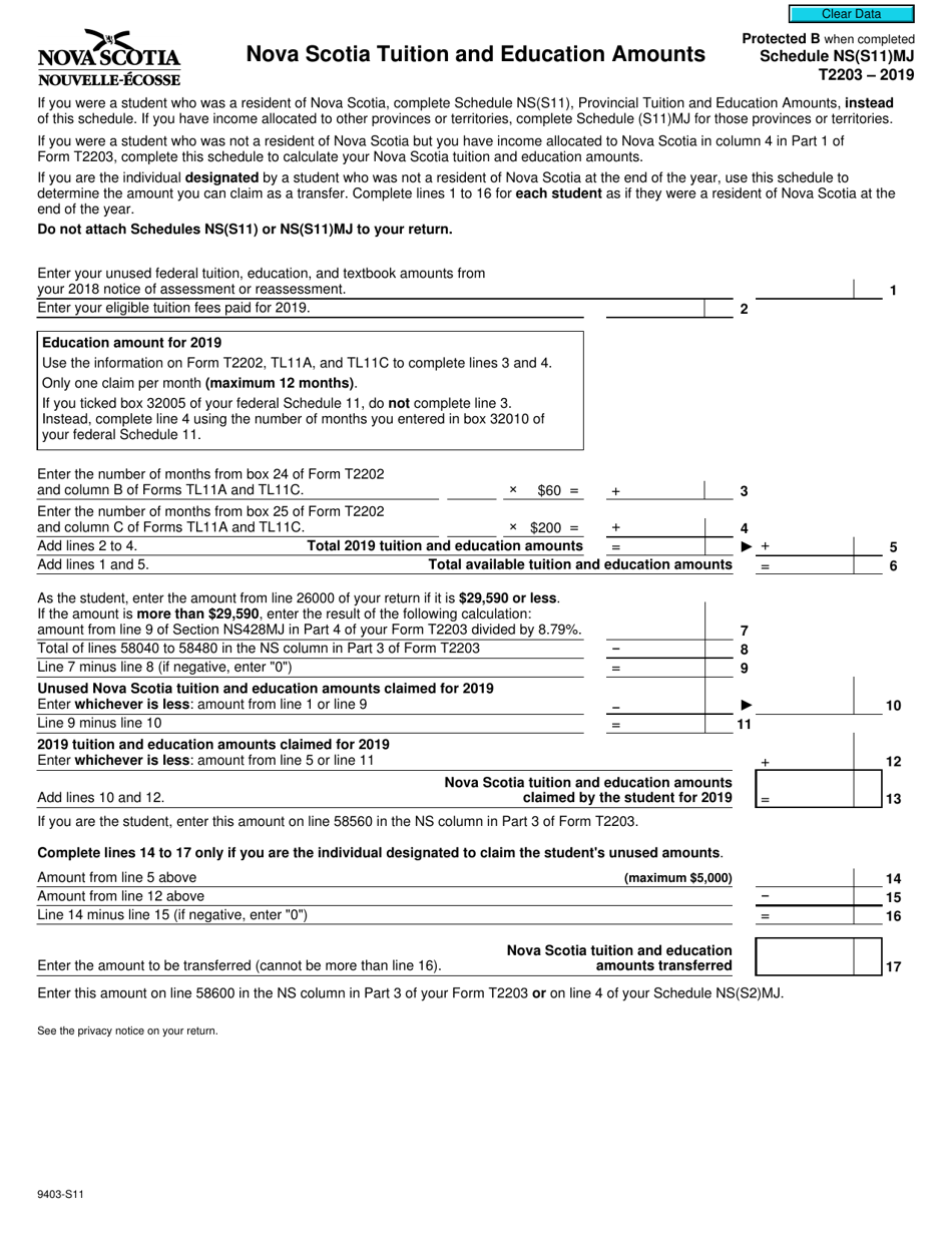 Form T2203 (9403-S11) Schedule NS(S11)MJ Nova Scotia Tuition and Education Amounts - Canada, Page 1