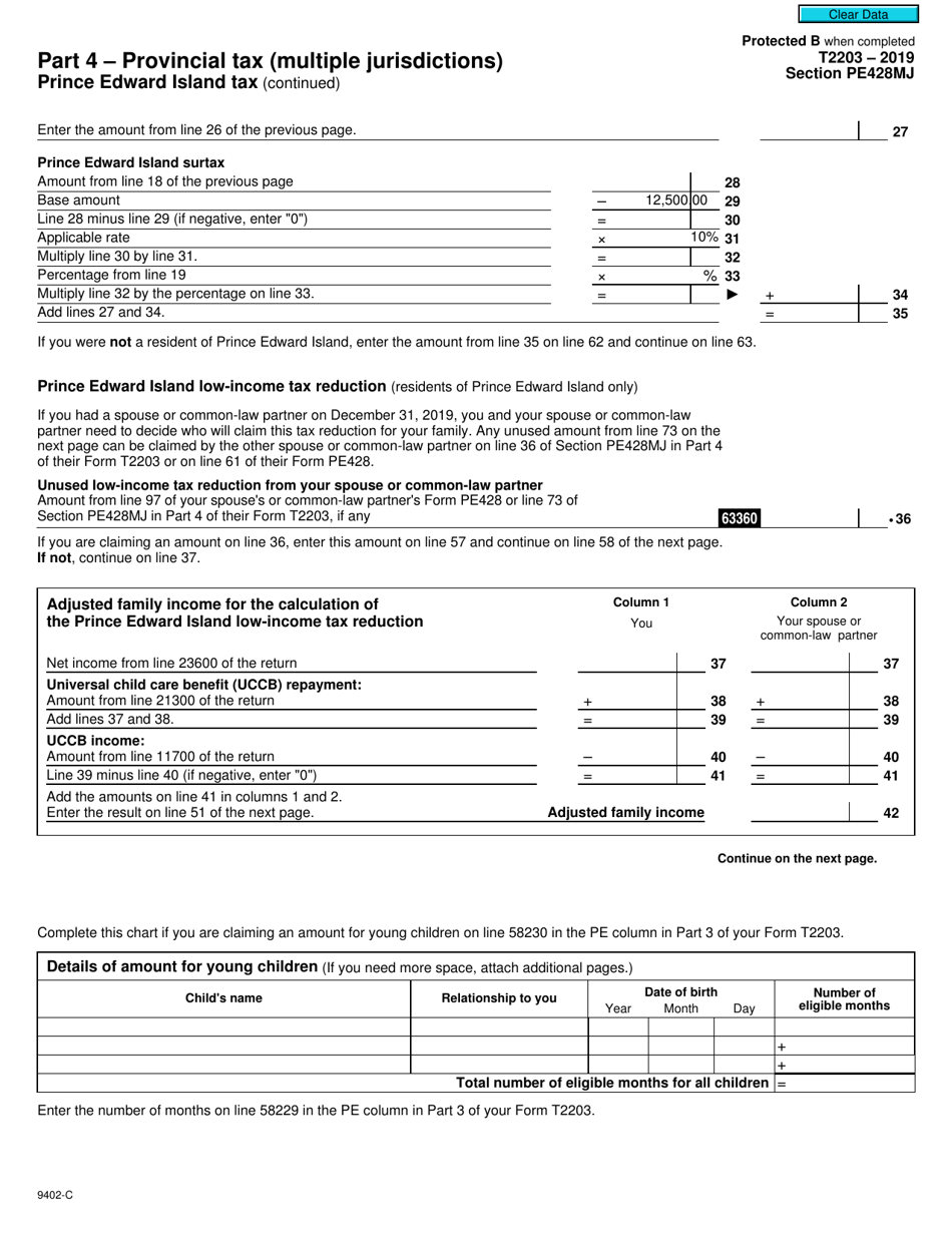 Form T2203 (9402-C) Section PE428MJ Part 4 - Provincial Tax (Multiple Jurisdictions) Prince Edward Island Tax - Canada, Page 2