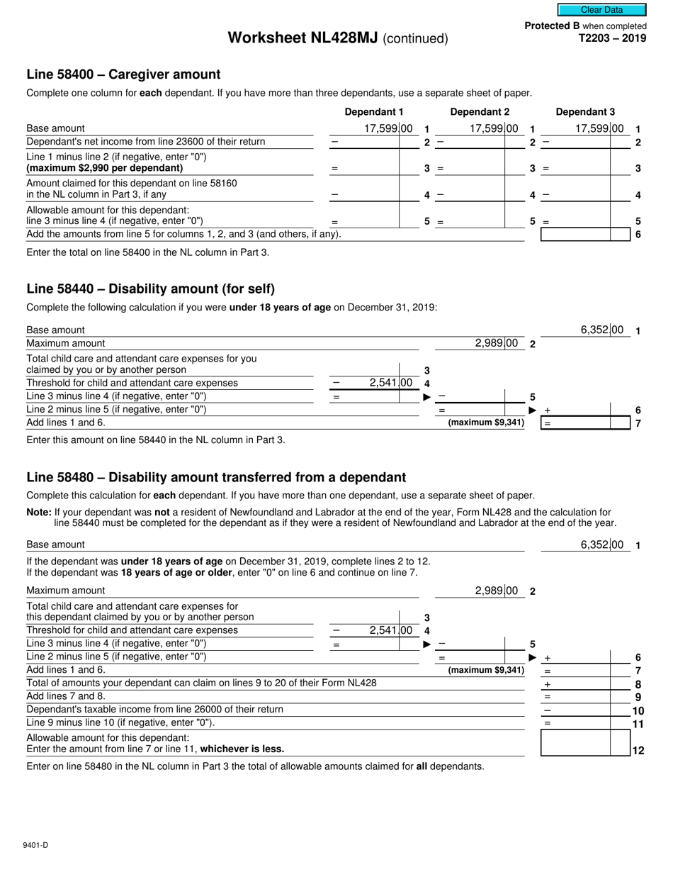 Form T2203 (9401-D) Worksheet NL428MJ Newfoundland and Labrador - Canada, Page 2