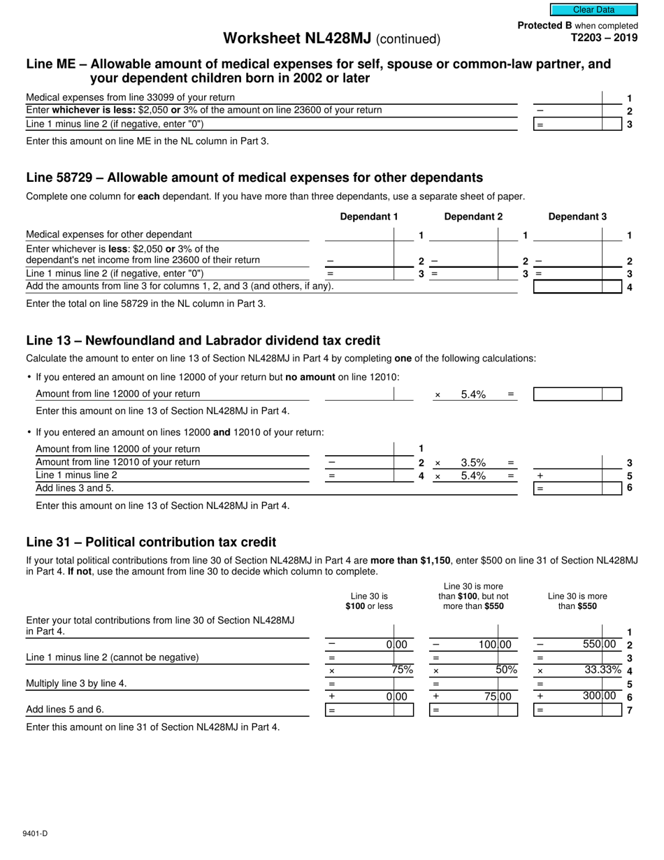 Form T2203 (9401-D) Worksheet NL428MJ Newfoundland and Labrador - Canada, Page 3