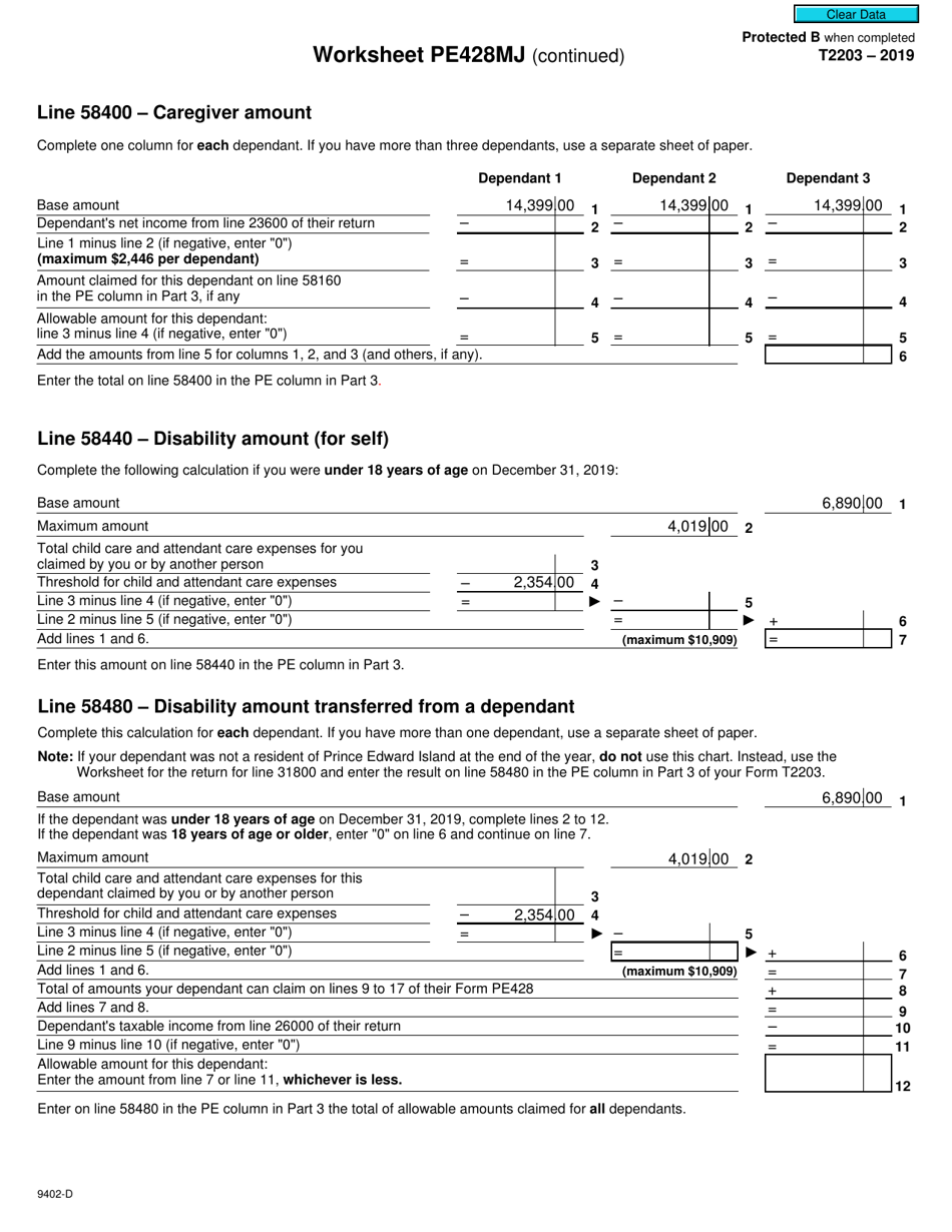 Form T2203 (9402-D) Worksheet PE428MJ Prince Edward Island - Canada, Page 2