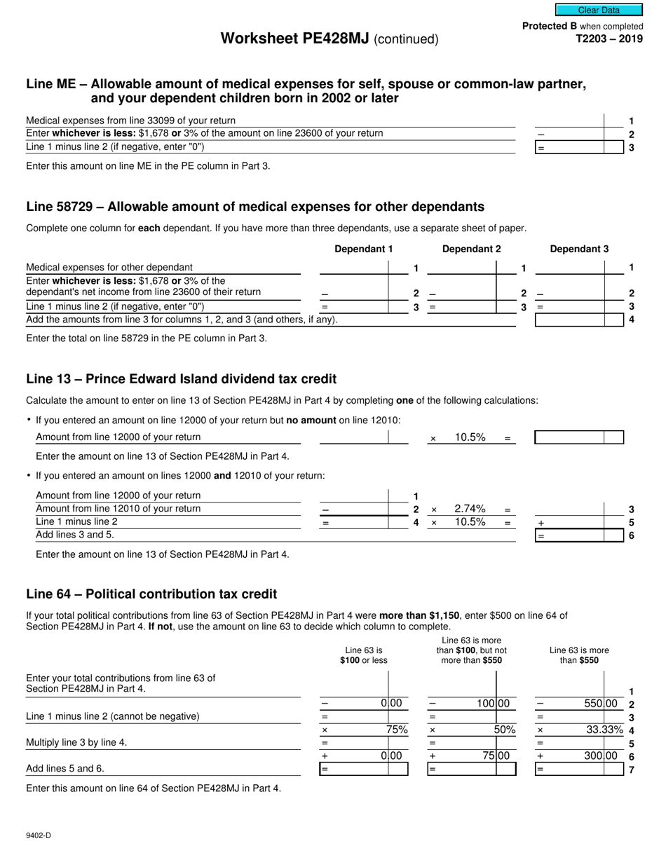 Form T2203 (9402-D) Worksheet PE428MJ Prince Edward Island - Canada, Page 3