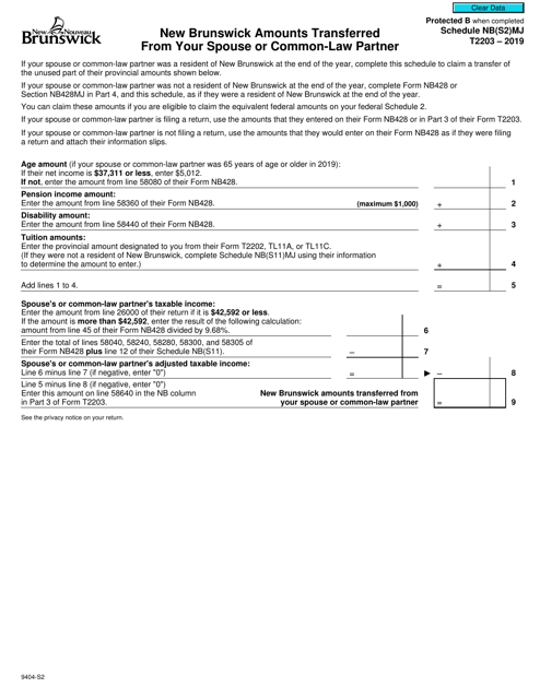 Form T2203 (9404-S2) Schedule NB(S2)MJ 2019 Printable Pdf