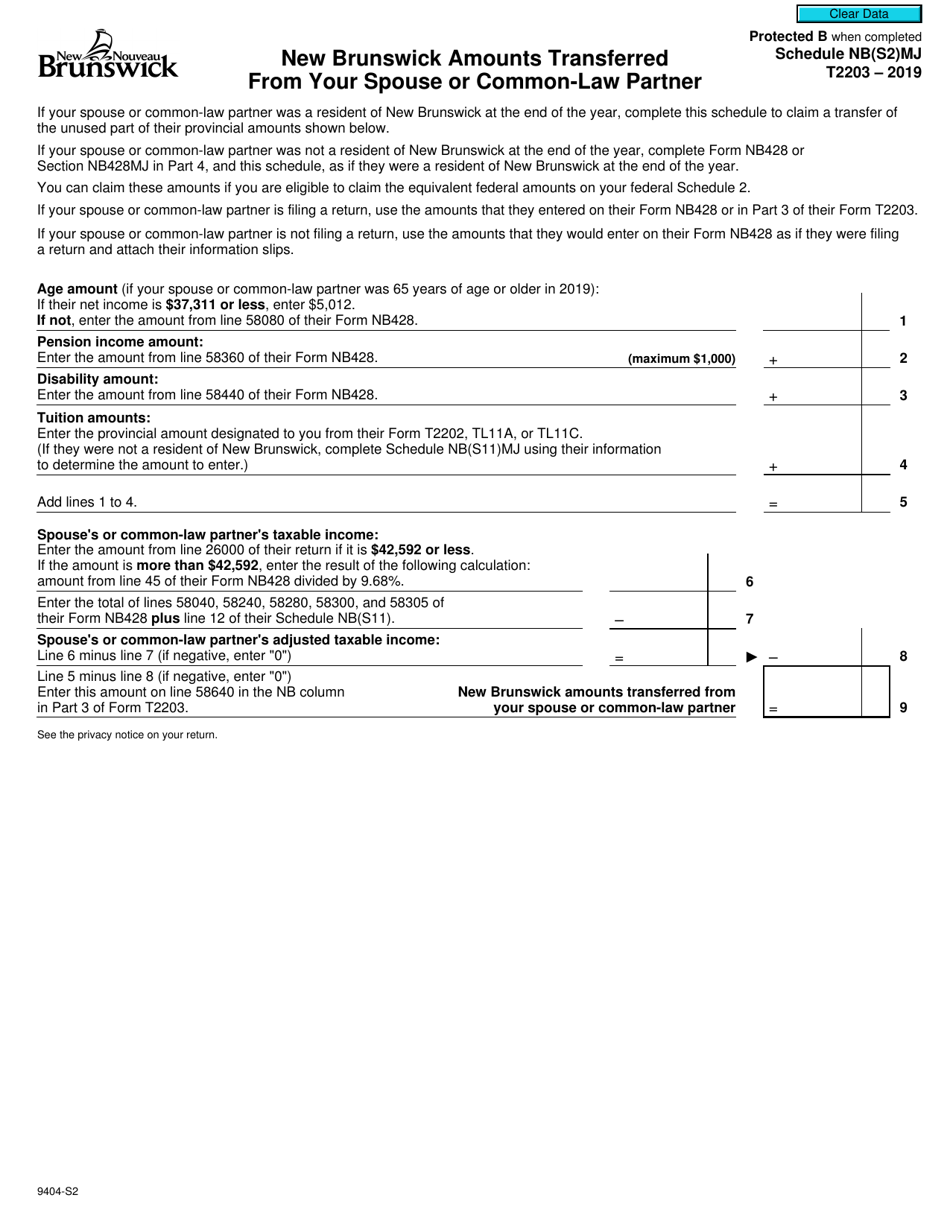 Form T2203 (9404-S2) Schedule NB(S2)MJ New Brunswick Amounts Transferred From Your Spouse or Common-Law Partner - Canada, Page 1