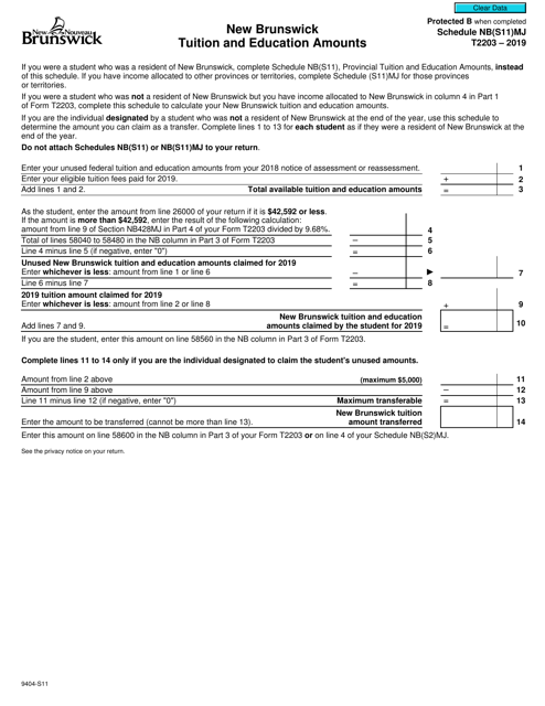 Form T2203 (9404-S11) Schedule NB(S11)MJ 2019 Printable Pdf