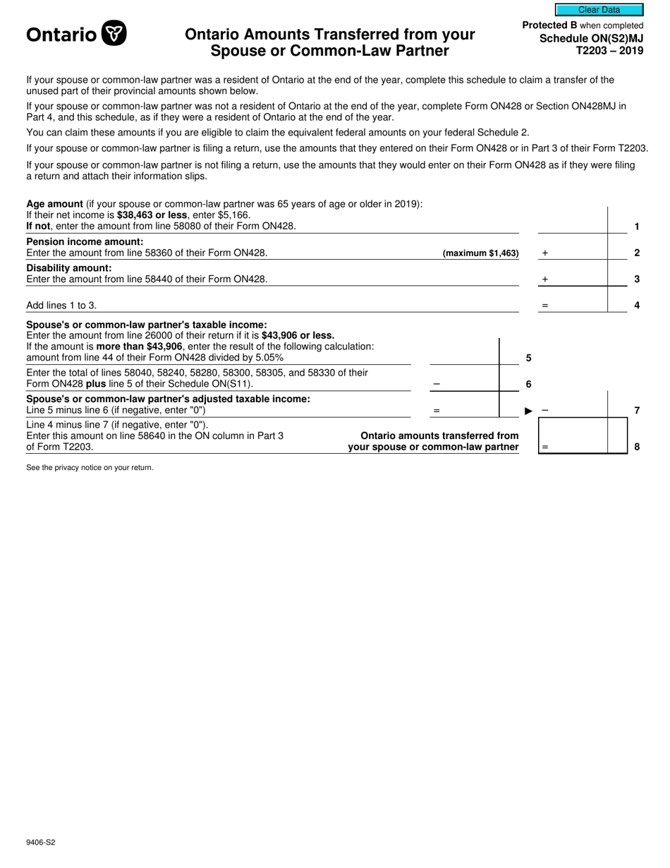 Form T2203 (9406-S2) Schedule ON(S2)MJ Ontario Amounts Transferred From Your Spouse or Common-Law Partner - Canada, Page 1