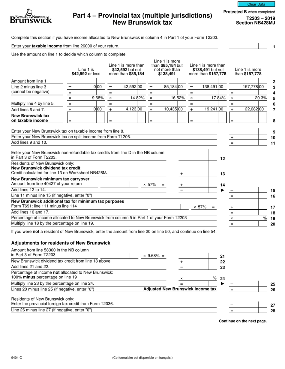 Form T2203 (9404-C) Section NB428MJ Part 4 - Provincial Tax (Multiple Jurisdictions) New Brunswick Tax - Canada, Page 1