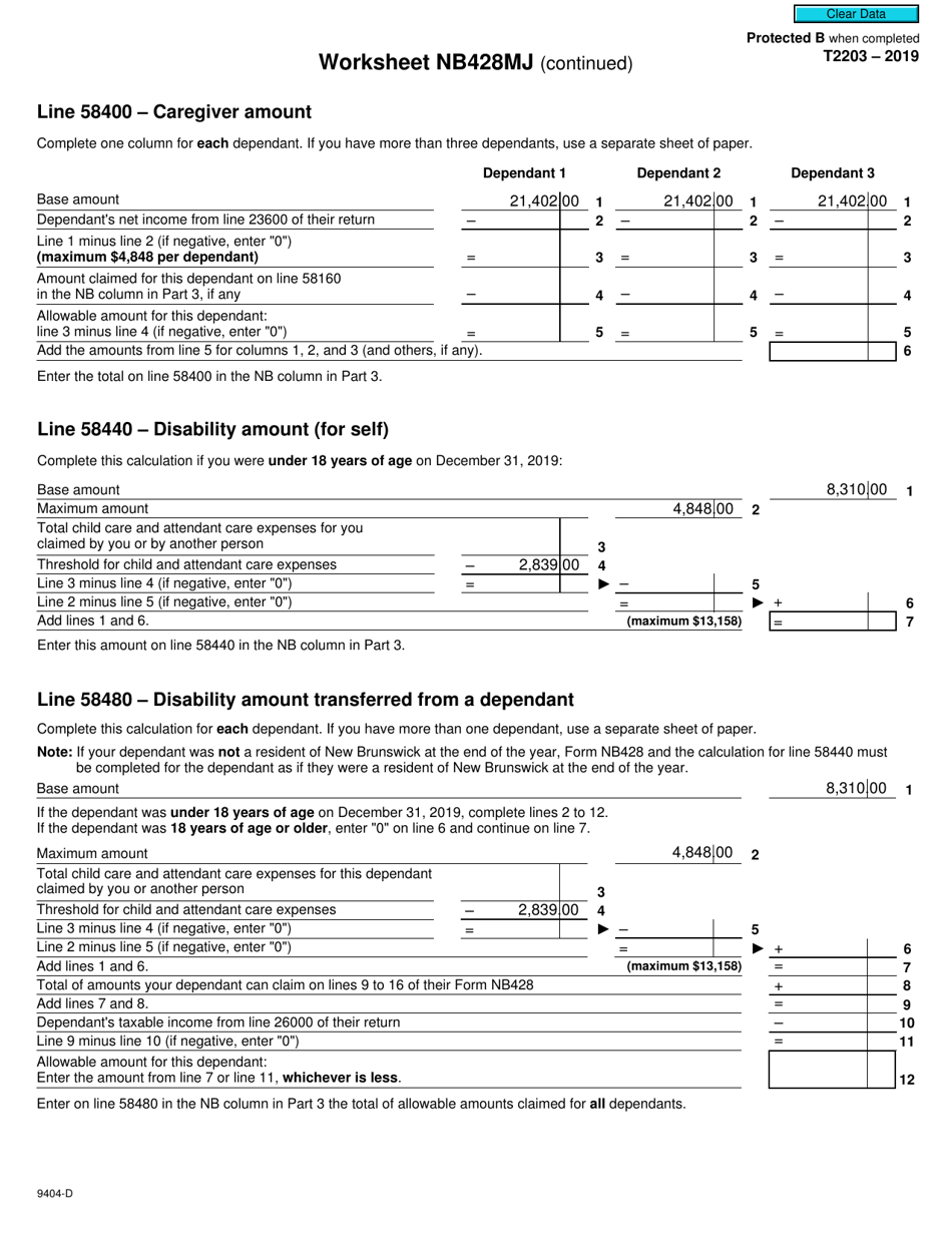 Form T2203 (9404-D) Worksheet NB428MJ New Brunswick - Canada, Page 2
