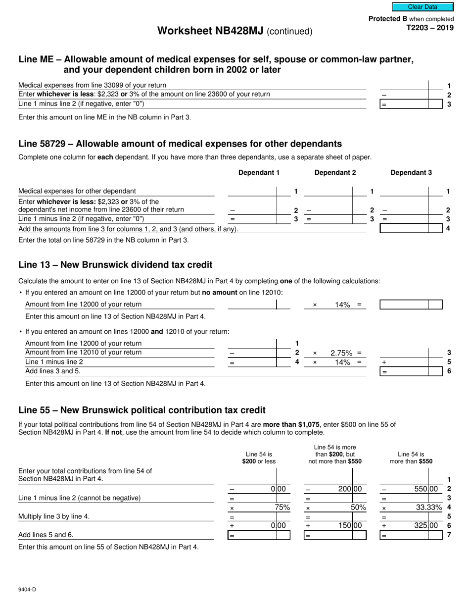 Form T2203 (9404-D) Worksheet NB428MJ New Brunswick - Canada, Page 3