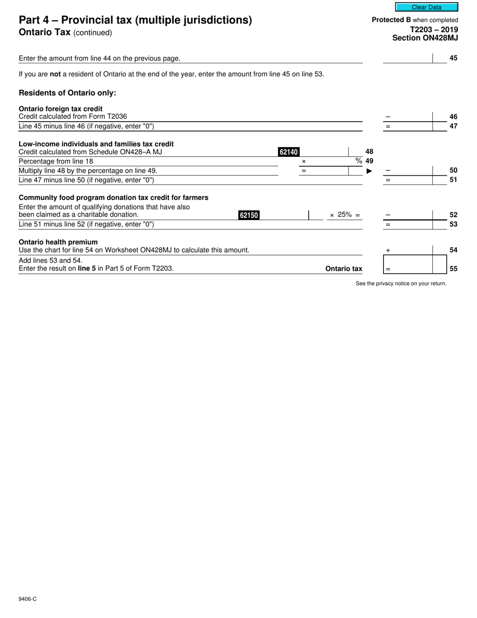 Form T2203 (9406-C) Section ON428MJ Part 4 - Provincial Tax (Multiple Jurisdictions) Ontario Tax - Canada, Page 3