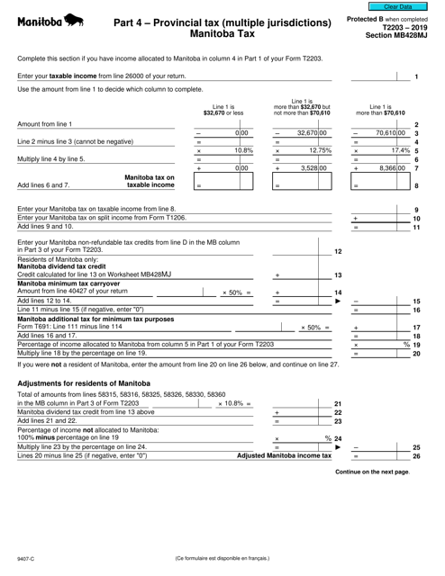 Form T2203 (9407-C) Section MB428MJ Part 4 - Provincial Tax (Multiple Jurisdictions) Manitoba Tax - Canada, 2019