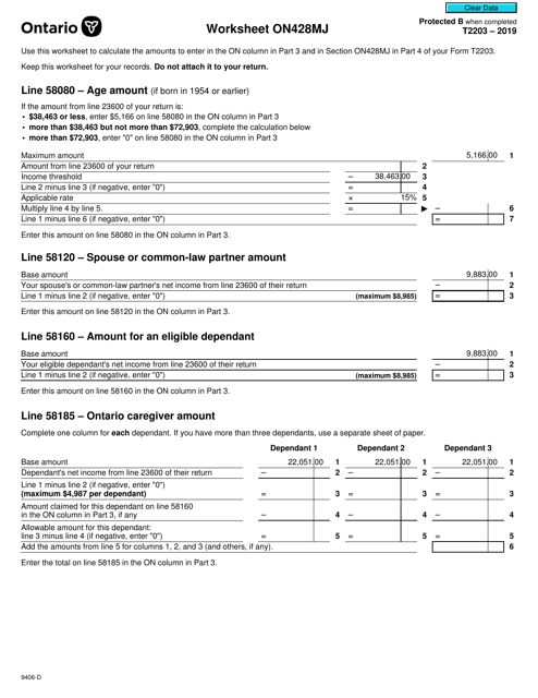 Form T2203 (9406-D) Worksheet ON428MJ 2019 Printable Pdf