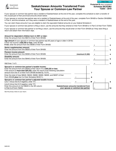 Form T2203 (9408-S2) Schedule SK(S2)MJ 2019 Printable Pdf