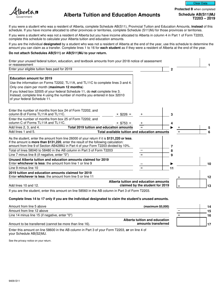 Form T2203 (9409-S11) Schedule AB(S11)MJ Alberta Tuition and Education Amounts - Canada, Page 1