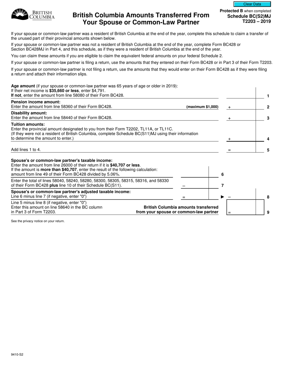 Form T2203 (9410-S2) Schedule BC(S2)MJ British Columbia Amounts Transferred From Your Spouse or Common-Law Partner - Canada, Page 1