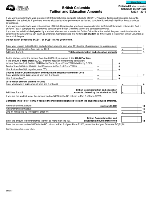 Form T2203 (9410-S11) Schedule BC(S11)MJ 2019 Printable Pdf