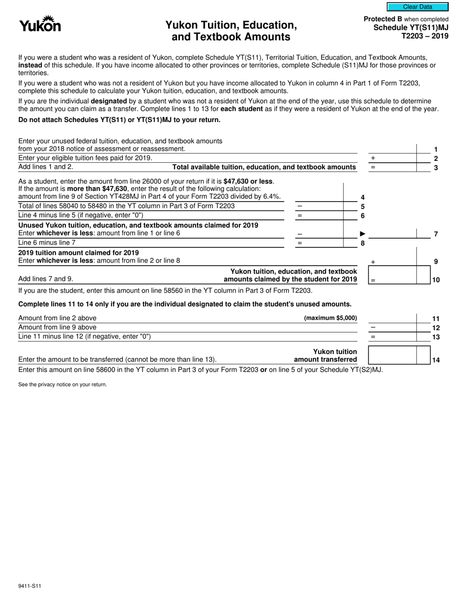 Form T2203 (9411-S11) Schedule YT(S11)MJ Yukon Tuition, Education, and Textbook Amounts - Canada, Page 1