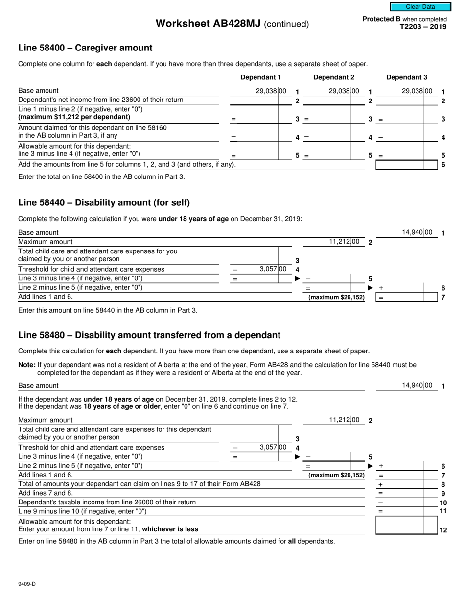 Form T2203 (9409-D) Worksheet AB428MJ Alberta - Canada, Page 2