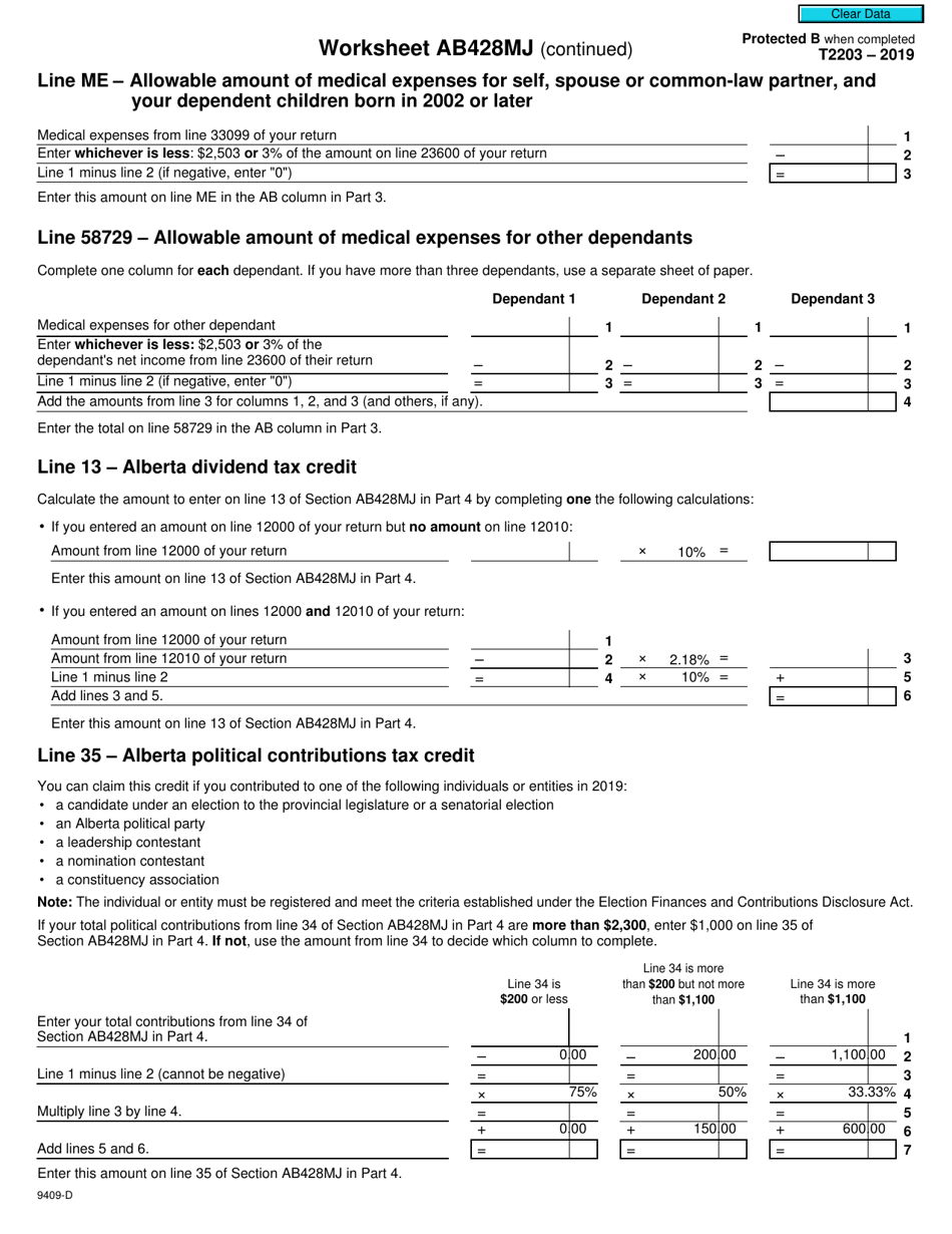 Form T2203 (9409-D) Worksheet AB428MJ Alberta - Canada, Page 3