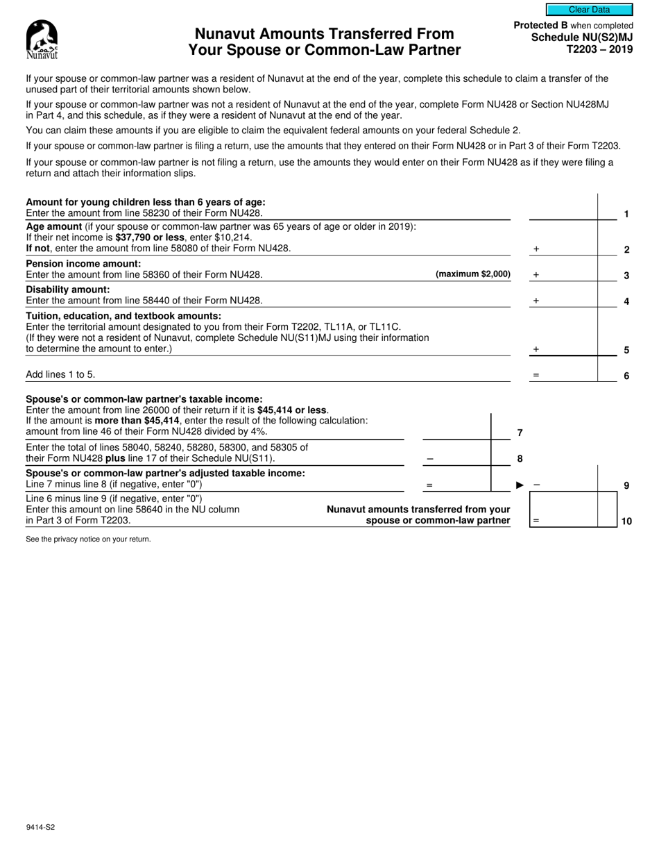 Form T2203 (9414-S2) Schedule NU(S2)MJ Nunavut Amounts Transferred From Your Spouse or Common-Law Partner - Canada, Page 1