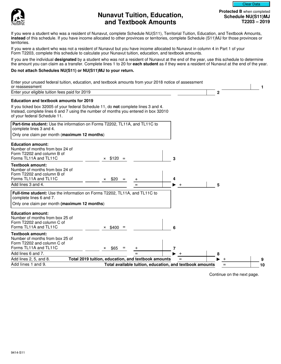 Form T2203 (9414-S11) Schedule NU(S11)MJ Nunavut Tuition, Education, and Textbook Amounts - Canada, Page 1