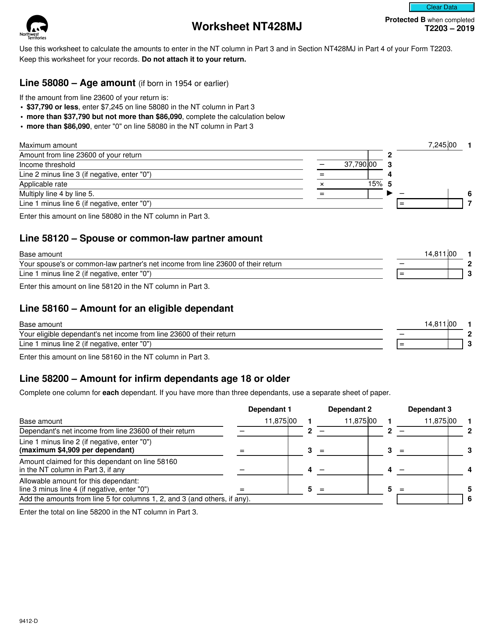 Form T2203 (9412-D) Worksheet NT428MJ 2019 Printable Pdf