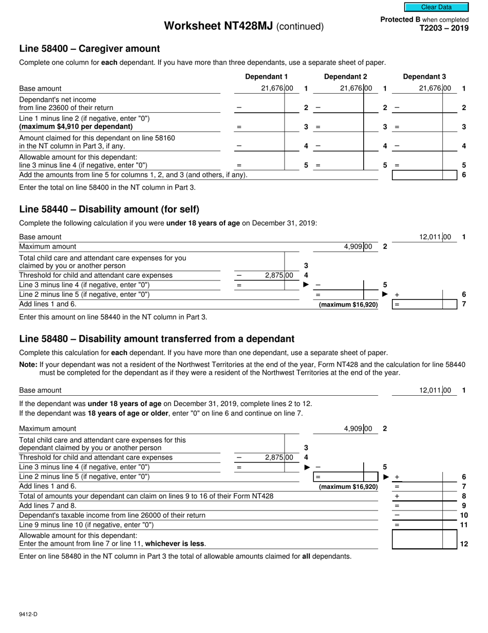 Form T2203 (9412-D) Worksheet NT428MJ Northwest Territories - Canada, Page 2
