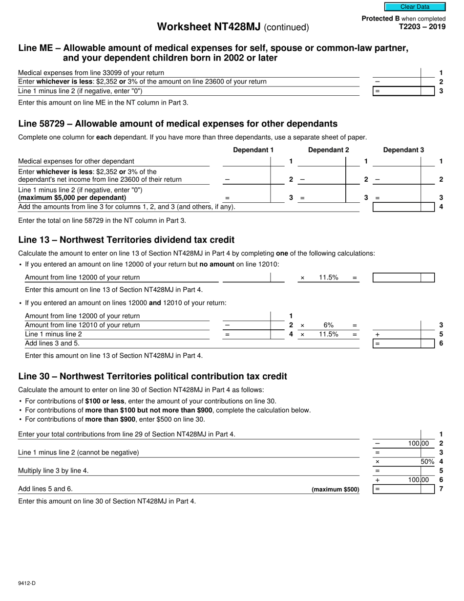 Form T2203 (9412-D) Worksheet NT428MJ Northwest Territories - Canada, Page 3