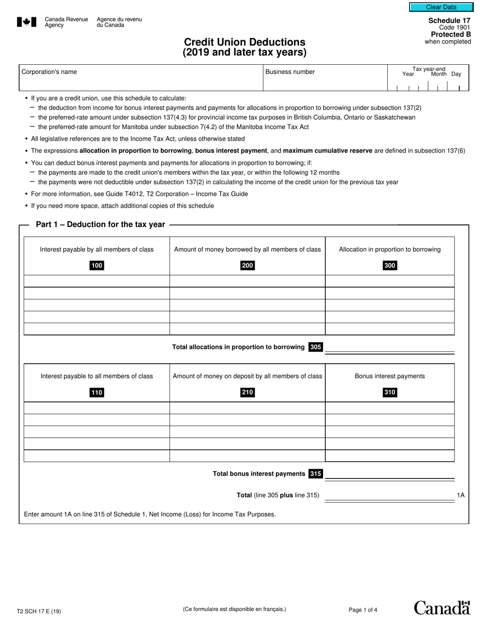 Form T2 Schedule 17 Credit Union Deductions (2019 and Later Tax Years) - Canada, Page 1