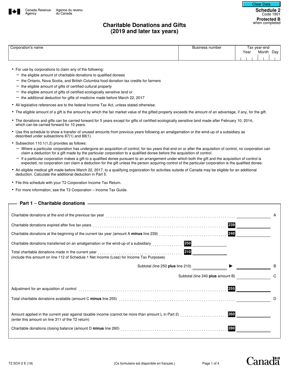 Form T2 Schedule 2 Charitable Donations and Gifts (2019 and Later Tax Years) - Canada, Page 1